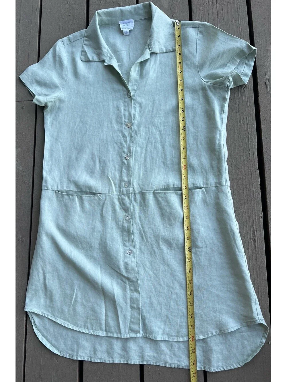 Sigrid Olsen Short Sleeves Linen Dress size Small Light Sage Green Front Pockets